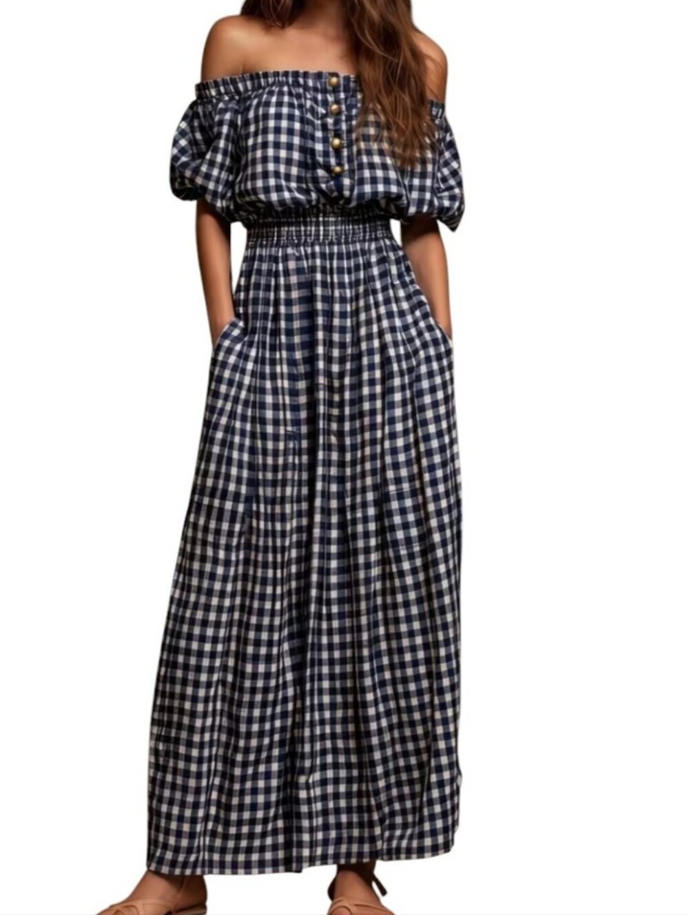 New Off-Shoulder Black & White Gingham Maxi Dress M/L - Picture 1 of 7